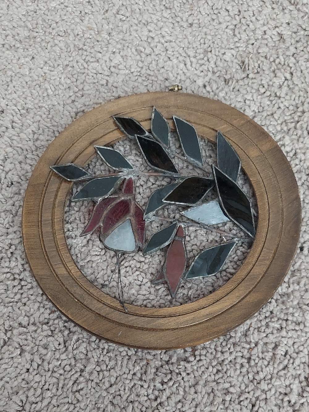 Vintage Stained Glass Floral Wall Hanging - Brown Frame, Multi-Leaf Design